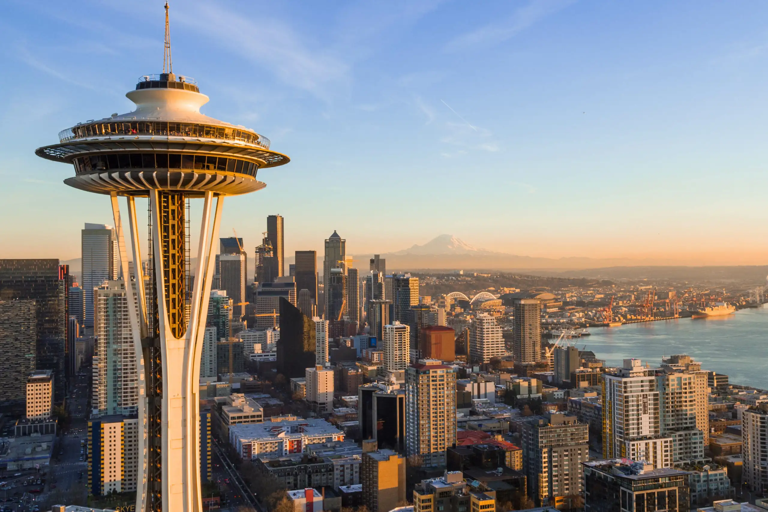 Space Needle in the foreground of the Seattle, Washington skyline