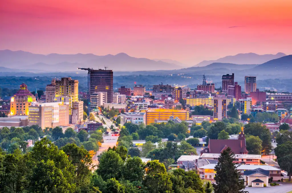 Skyline of Ashville, North Carolina at sunset