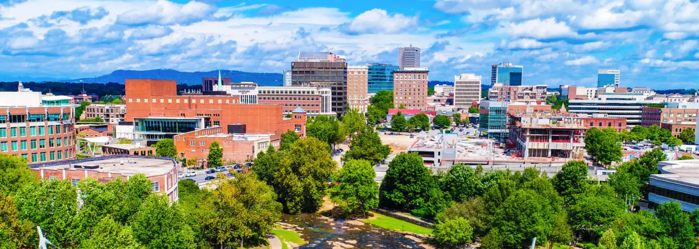 Falls Park and Liberty Bridge Panorama in Greenville, South Caro