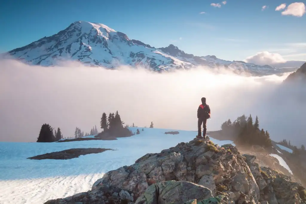 Hiker on a foggy day in Mount Rainier National Park