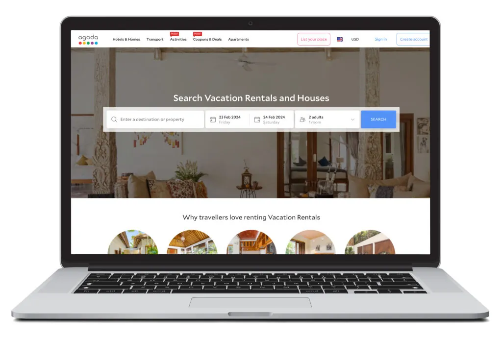 Digital rendering of a laptop showing the homepage of Agoda