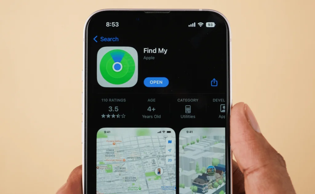 Apple Find my app on phone screen stock image