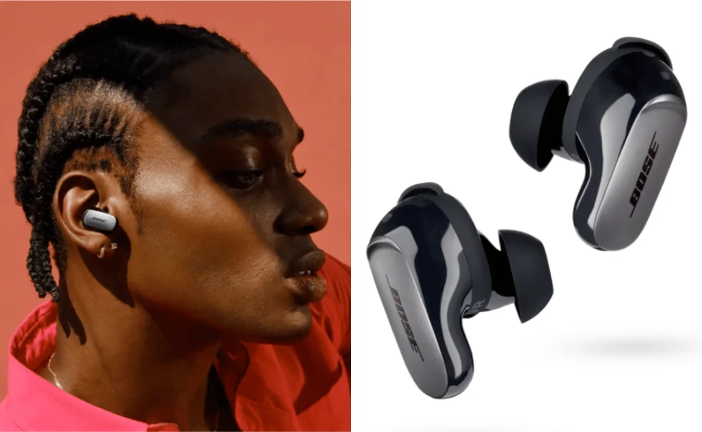 Man with black Bose Quiet Comfort Earbuds over red background. 