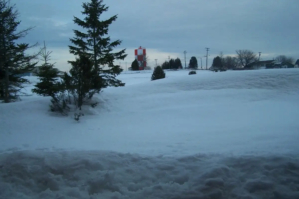 Snow covering a street and trees in Caribou, Maine