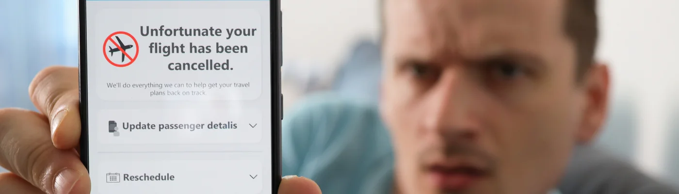 Frustrated man holding phone with flight cancellation notification