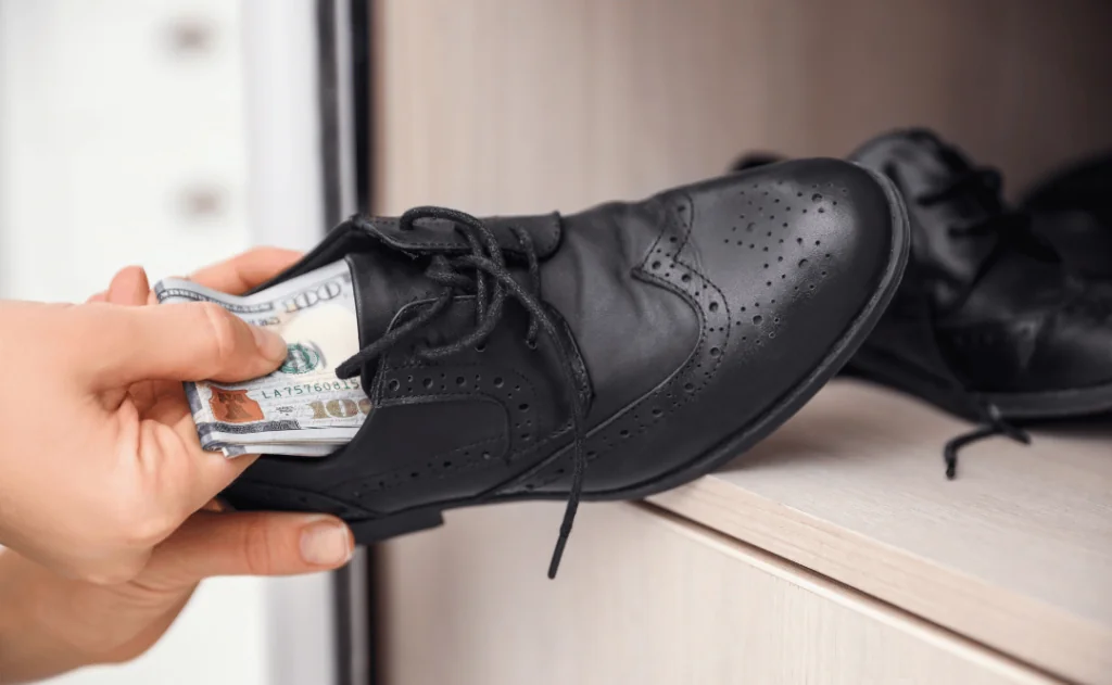Hiding money in shoe indoors, closeup