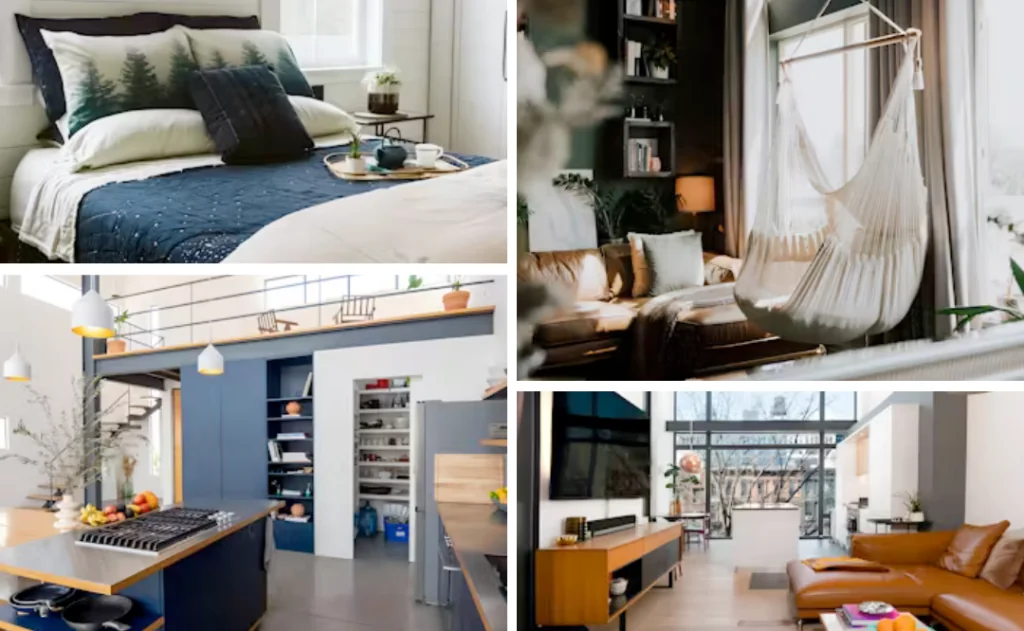 Collage of different types of rooms, one bedroom to living room, and a kitchen all in different styles.