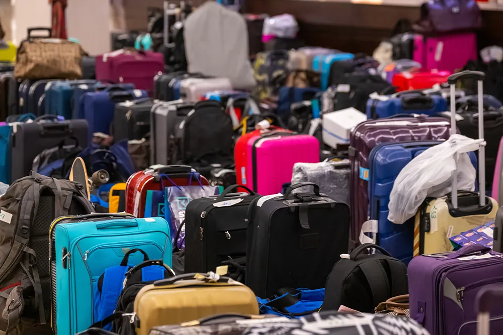 Large large amount of lost baggage at the airport.