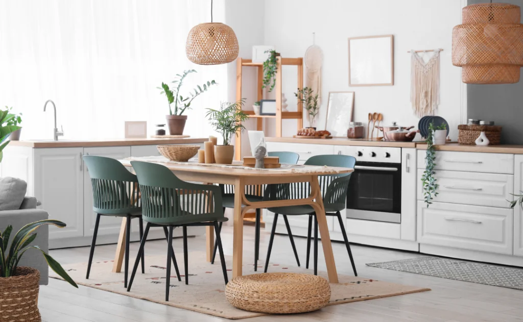 Table, chairs and wicker pouf near counter in interior of dining room