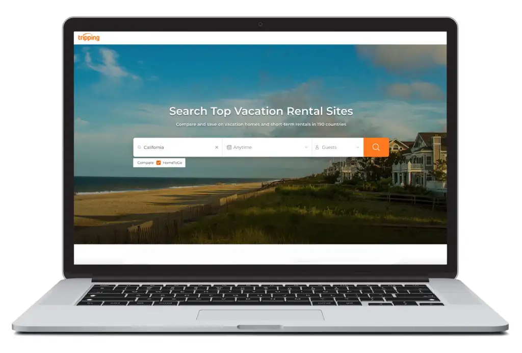 Digital rendering of a laptop showing the homepage of Tripping