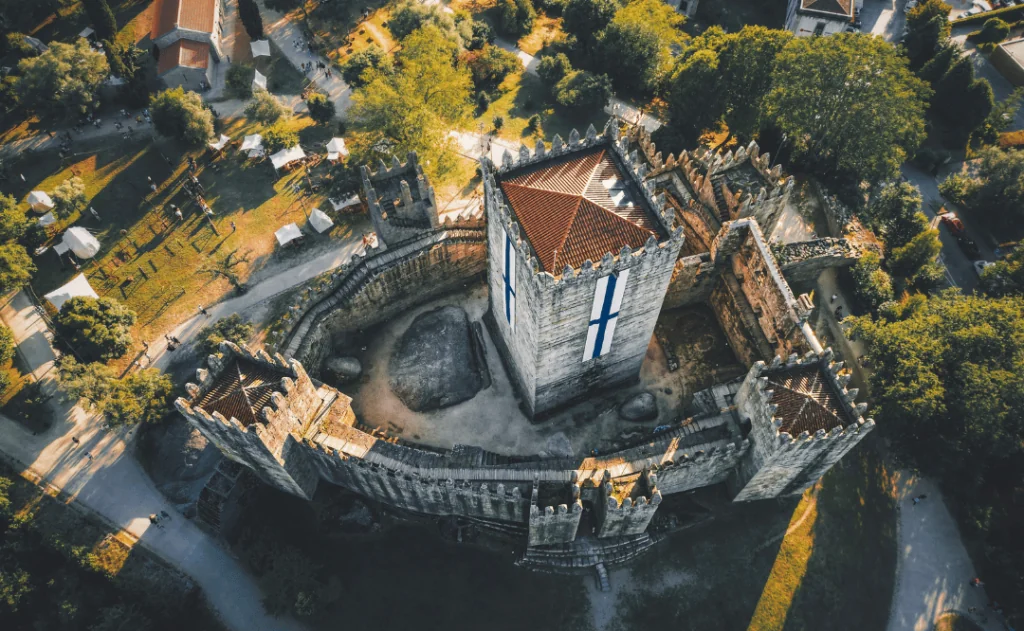 Aerial view of the town, castle, Portugal, city, Guimarães, castillo, drone